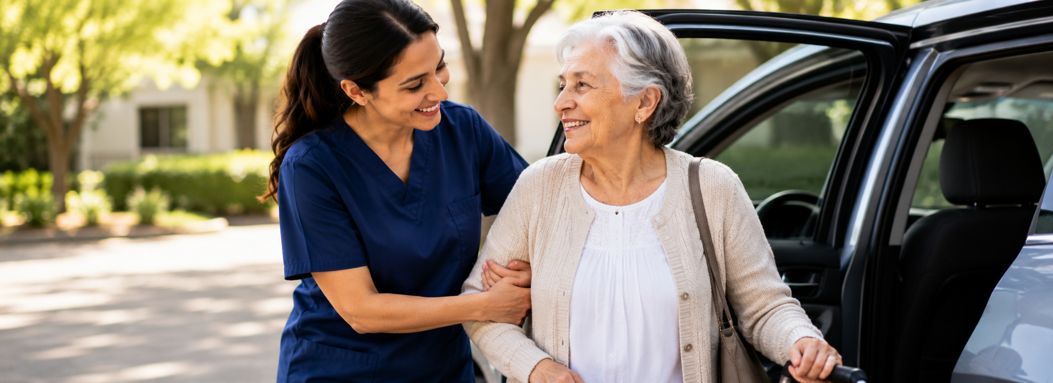 Caregiver escorting elderly woman to medical appointment in Edinburg TX